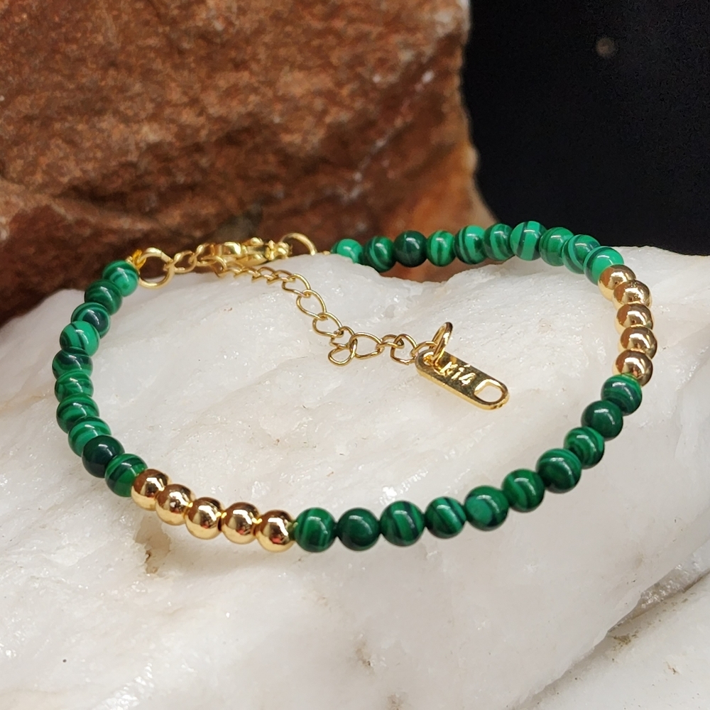 Luxury Trendy 14K Gold Plated Beads Bracelet Natural Malachite Stone